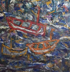 Ships Landscape Mixed Media Painting Oil on Linen Contemporary Art In Stock 