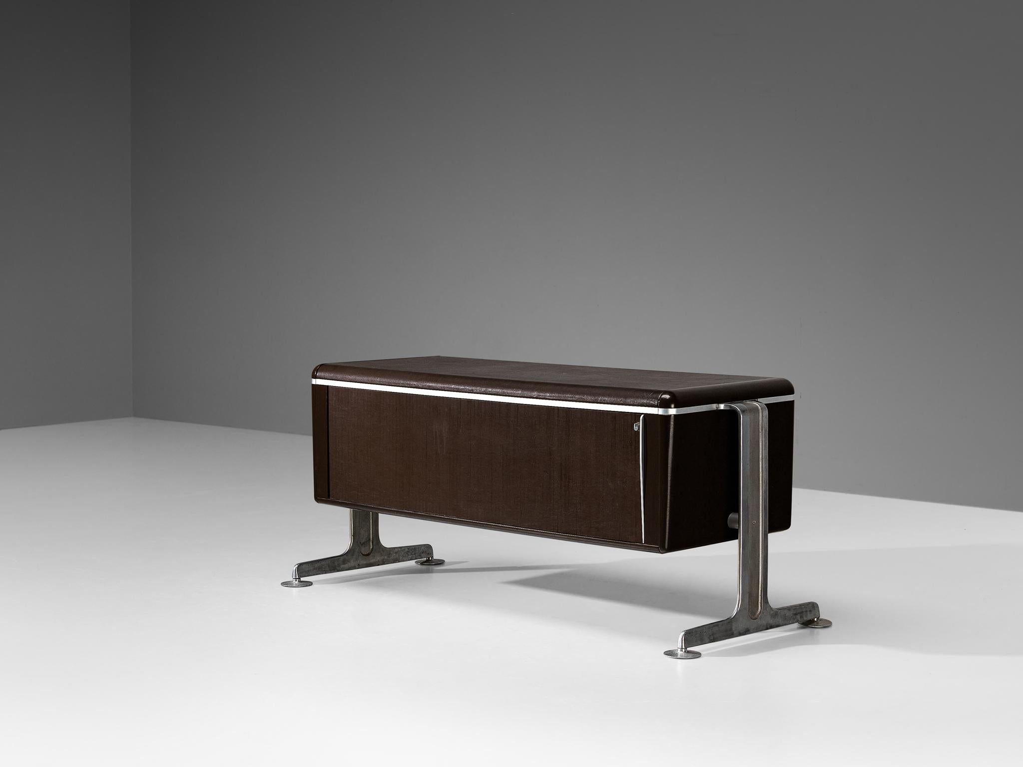 Alex Linder, sideboard, leather, aluminum, lacquered frame, laminate, Denmark, 1970s

This rare cabinet embodies a minimalist aesthetic, characterized by its straightforward design with streamlined contours, basic geometric forms, and sober color
