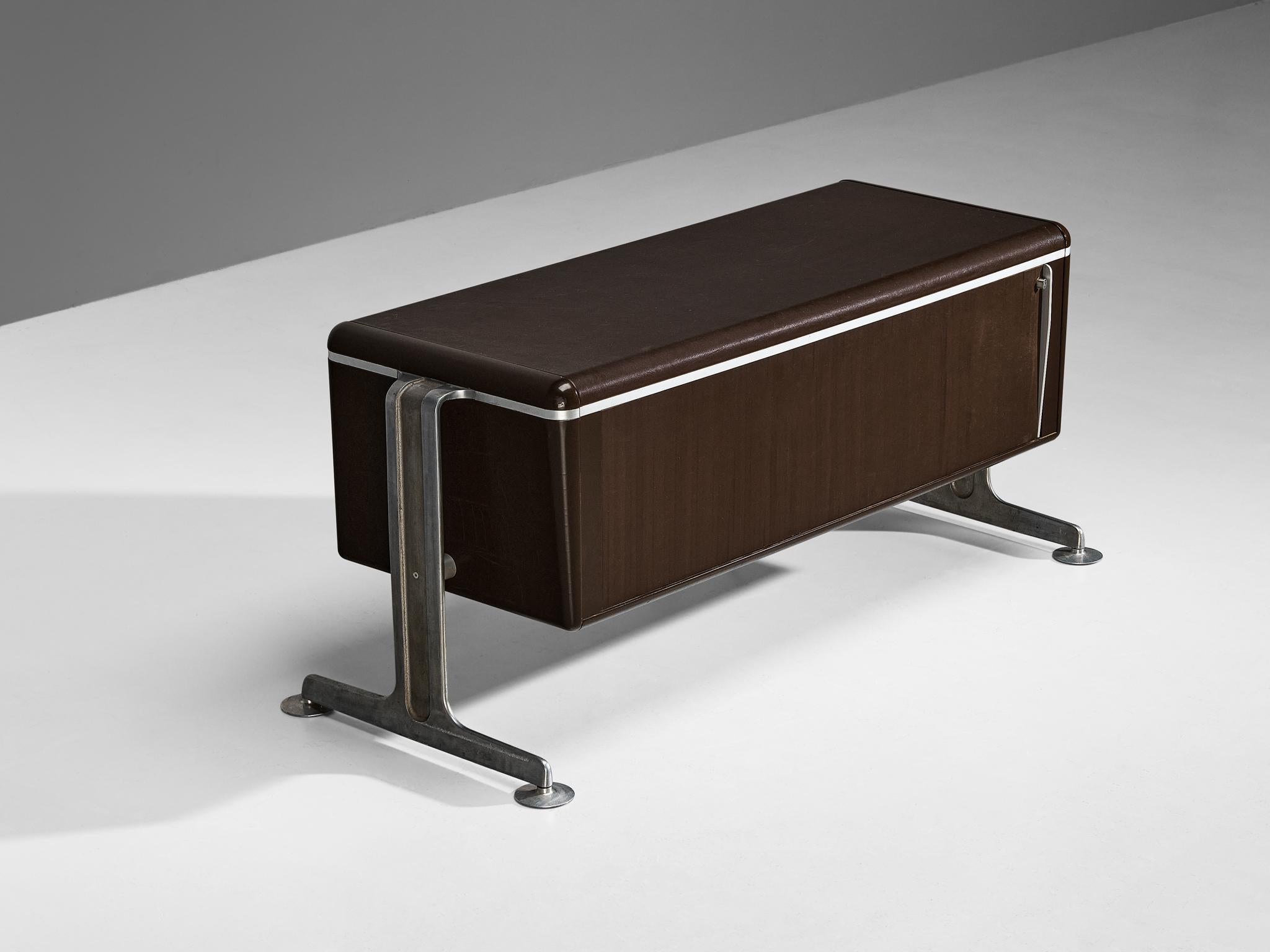 Late 20th Century Alex Linder Sideboard in Dark Brown Leather and Aluminum For Sale