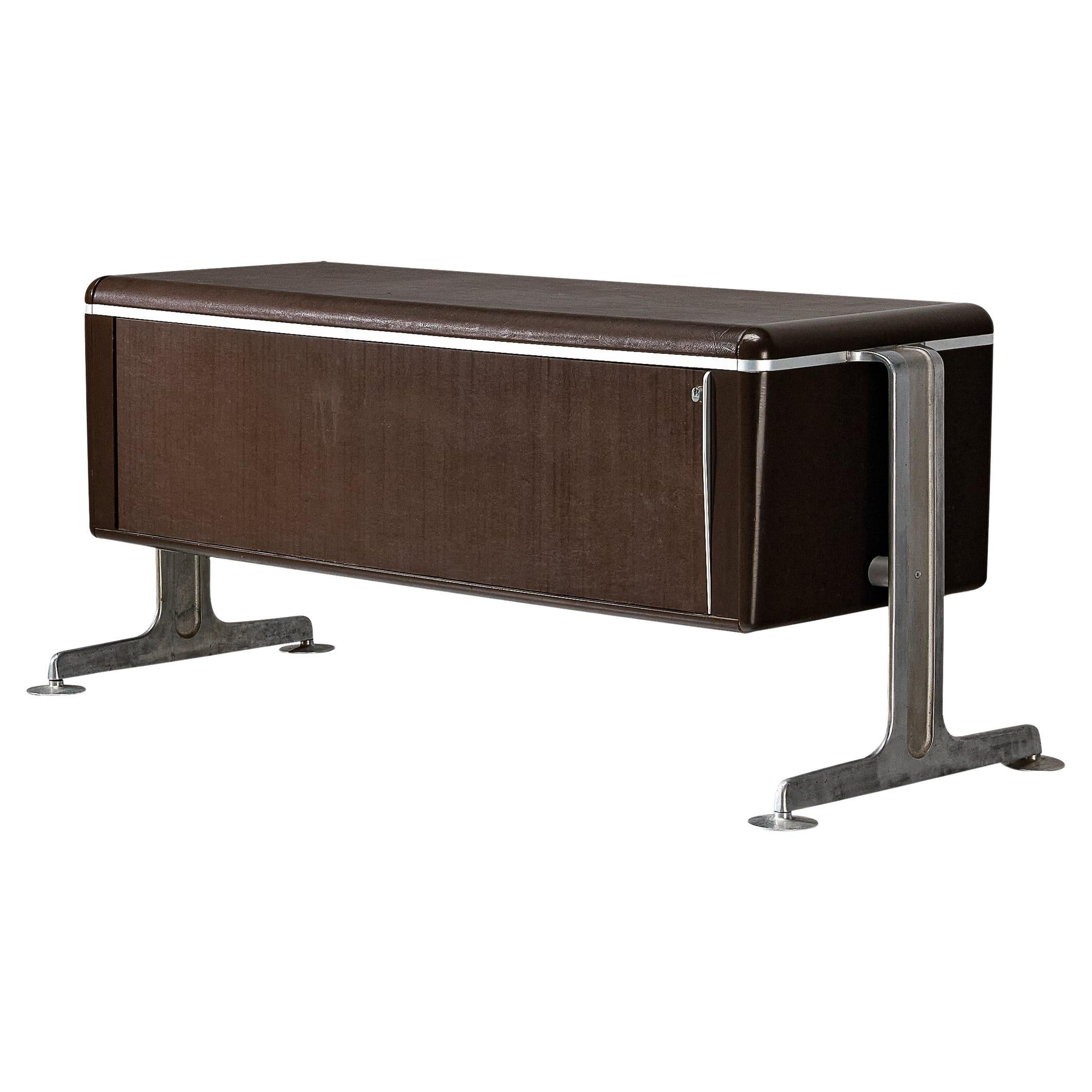 Alex Linder Sideboard in Dark Brown Leather and Aluminum For Sale