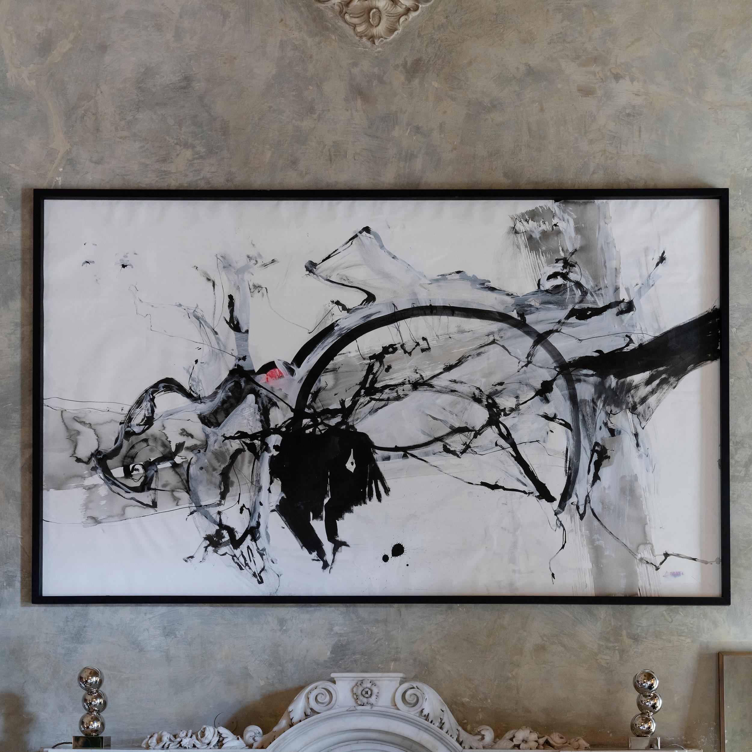 Decorative wall art, by the artist Alex Loreti, ink works on paper, monochromatic pictorial style typical of the figurative tradition of the Far East, which uses only black ink (Sumi) in various dilutions with water and brush, Italy 2022.