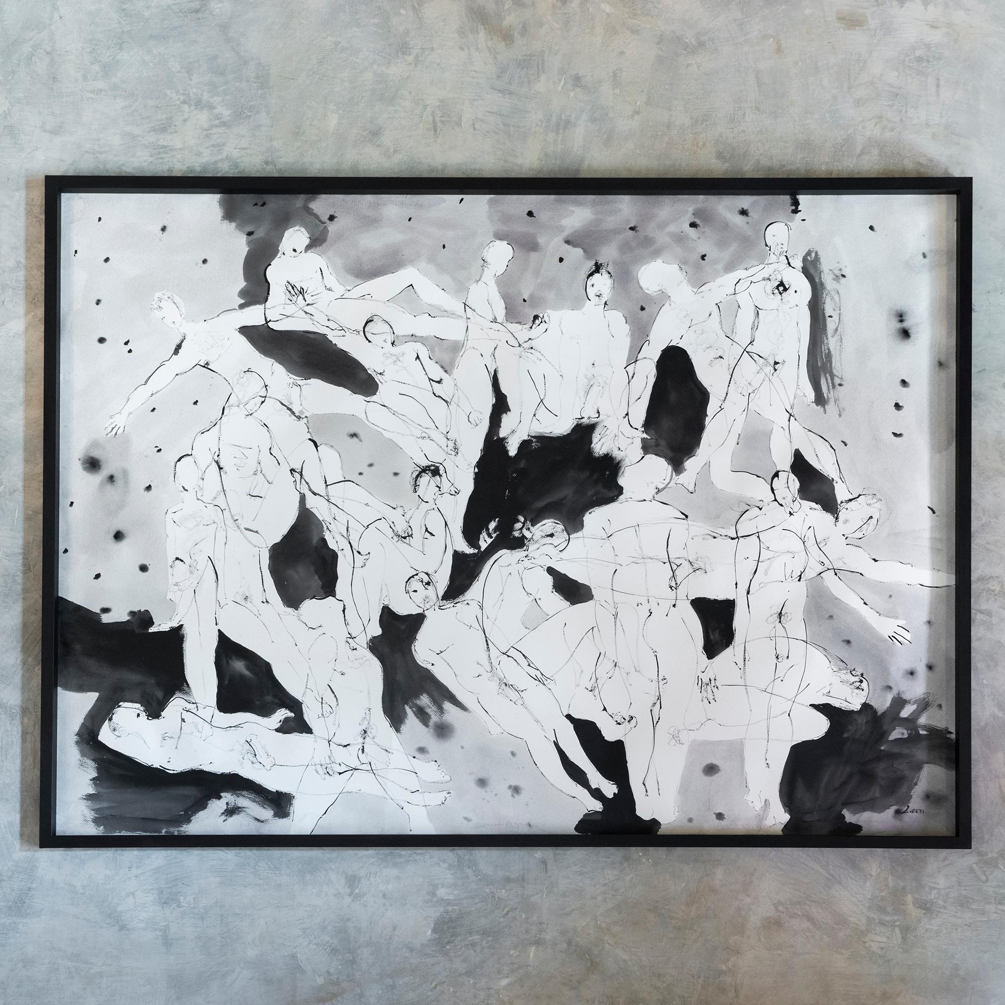 Decorative wall art, by the artist Alex Loreti, ink works on paper, monochromatic pictorial style typical of the figurative tradition of the Far East, which uses only black ink (Sumi) in various dilutions with water and brush, Italy, 2020.