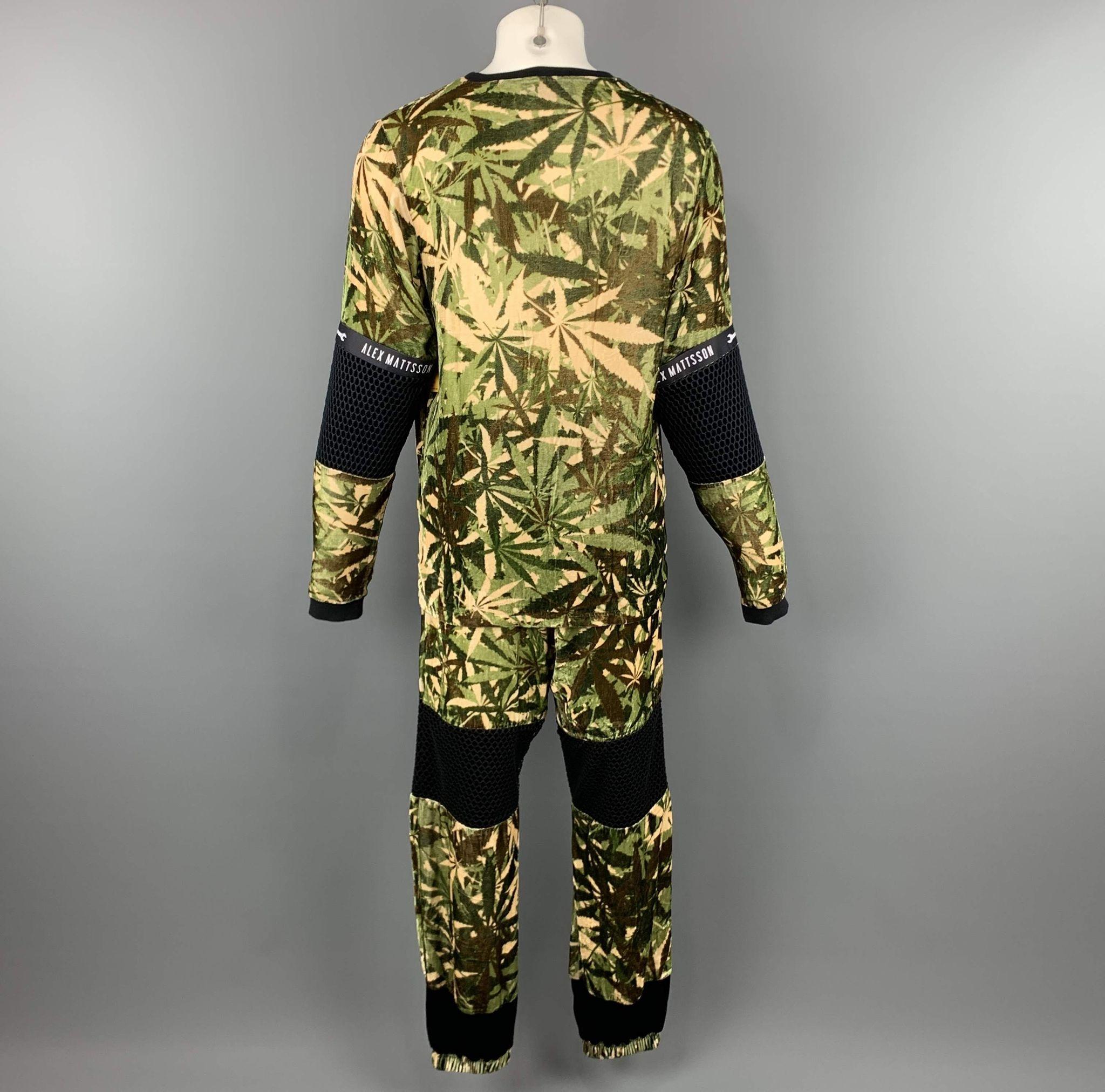 ALEX MATTSSON Size L Olive Print Weed Lion Viscose Silk CrewNeck Suit / Twin Set In Excellent Condition In San Francisco, CA
