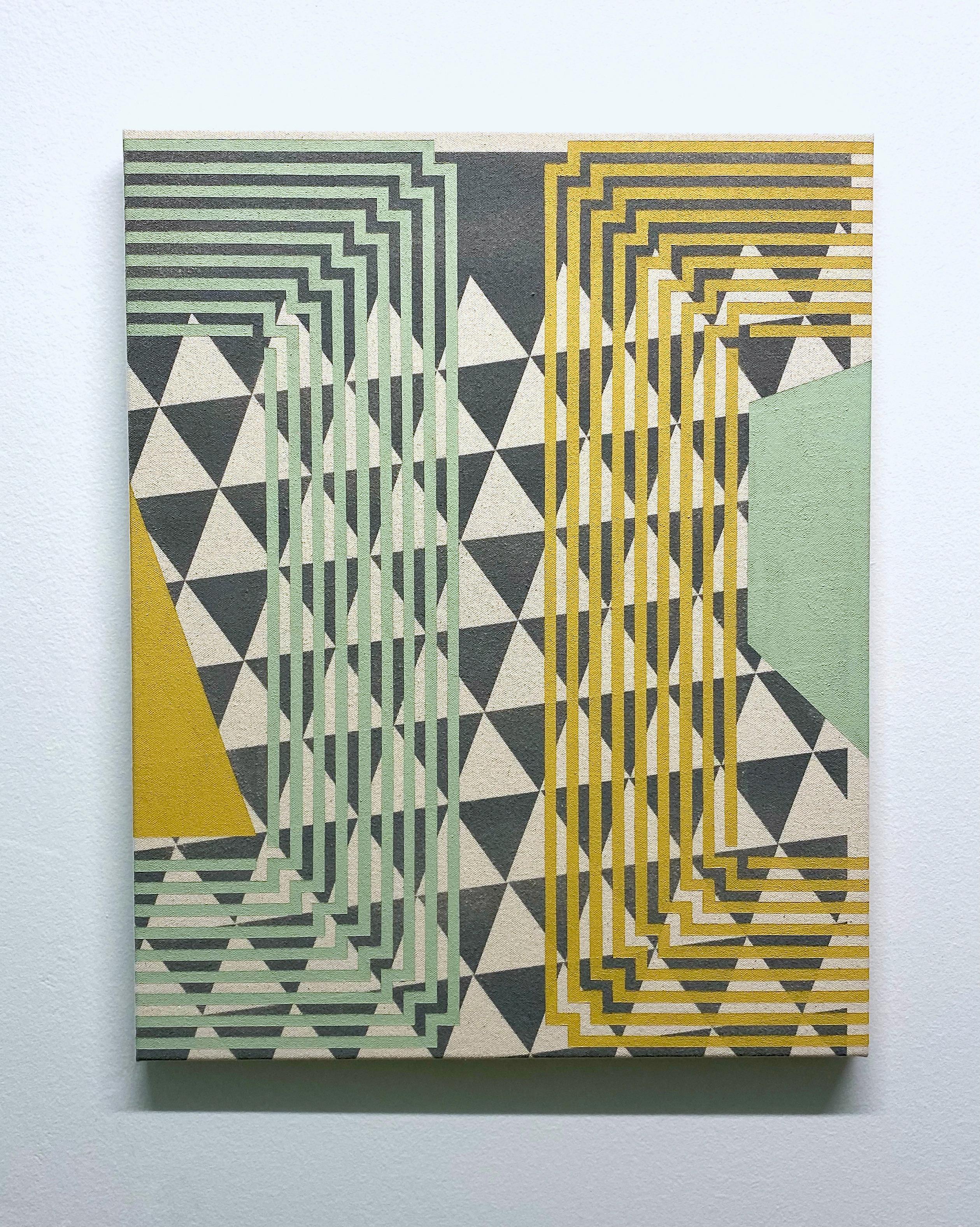 DIFFERENCE BETWEEN - Abstract Geometric, Mint Green, Yellow, Grey on Canvas  - Painting by Alex McClurg