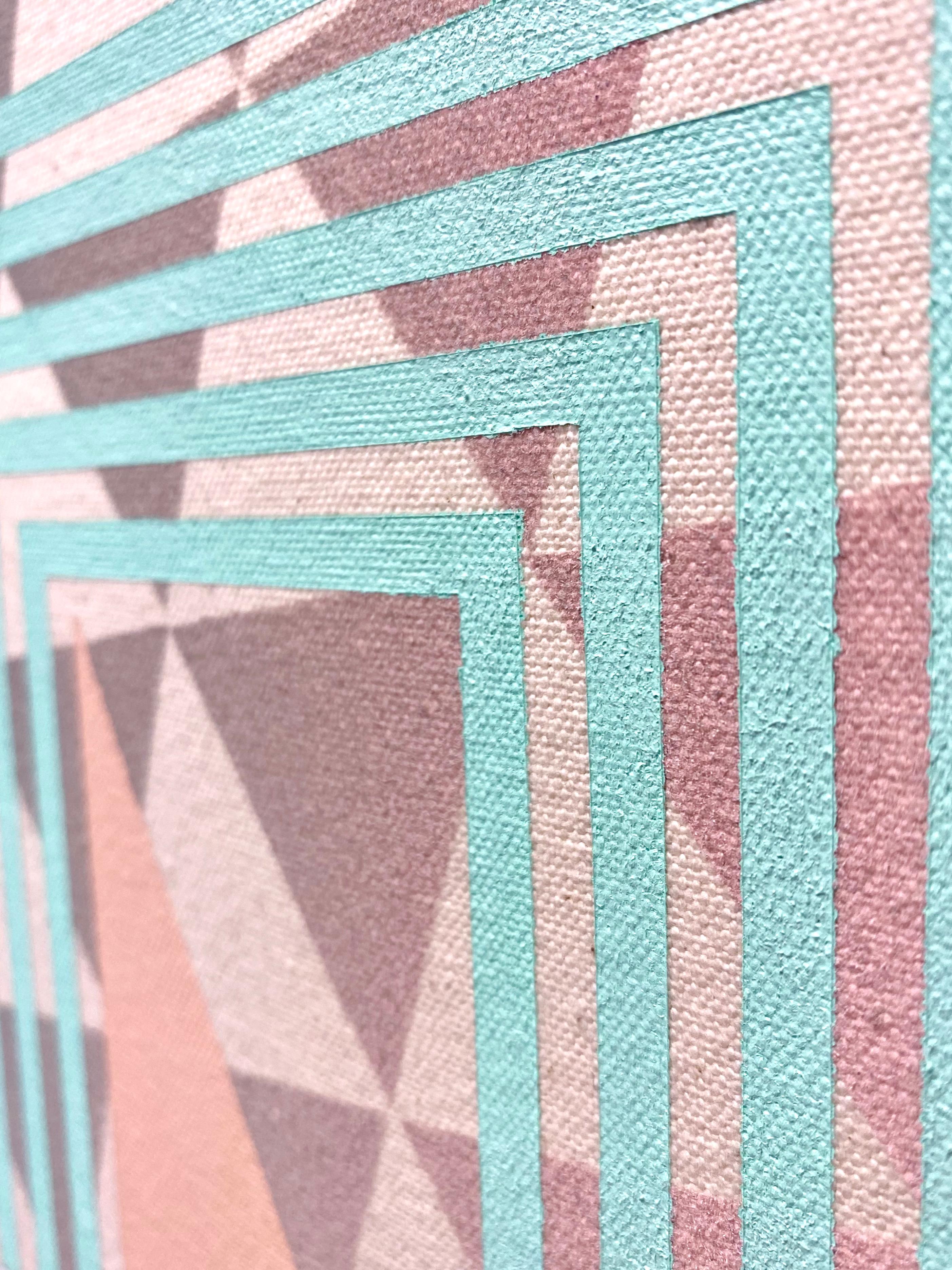 REALIZATION OF TRUTH  Abstraktes geometrisches Gemlde auf Leinwand in Rosa, Blau und Grau  (Geometrische Abstraktion), Painting, von Alex McClurg