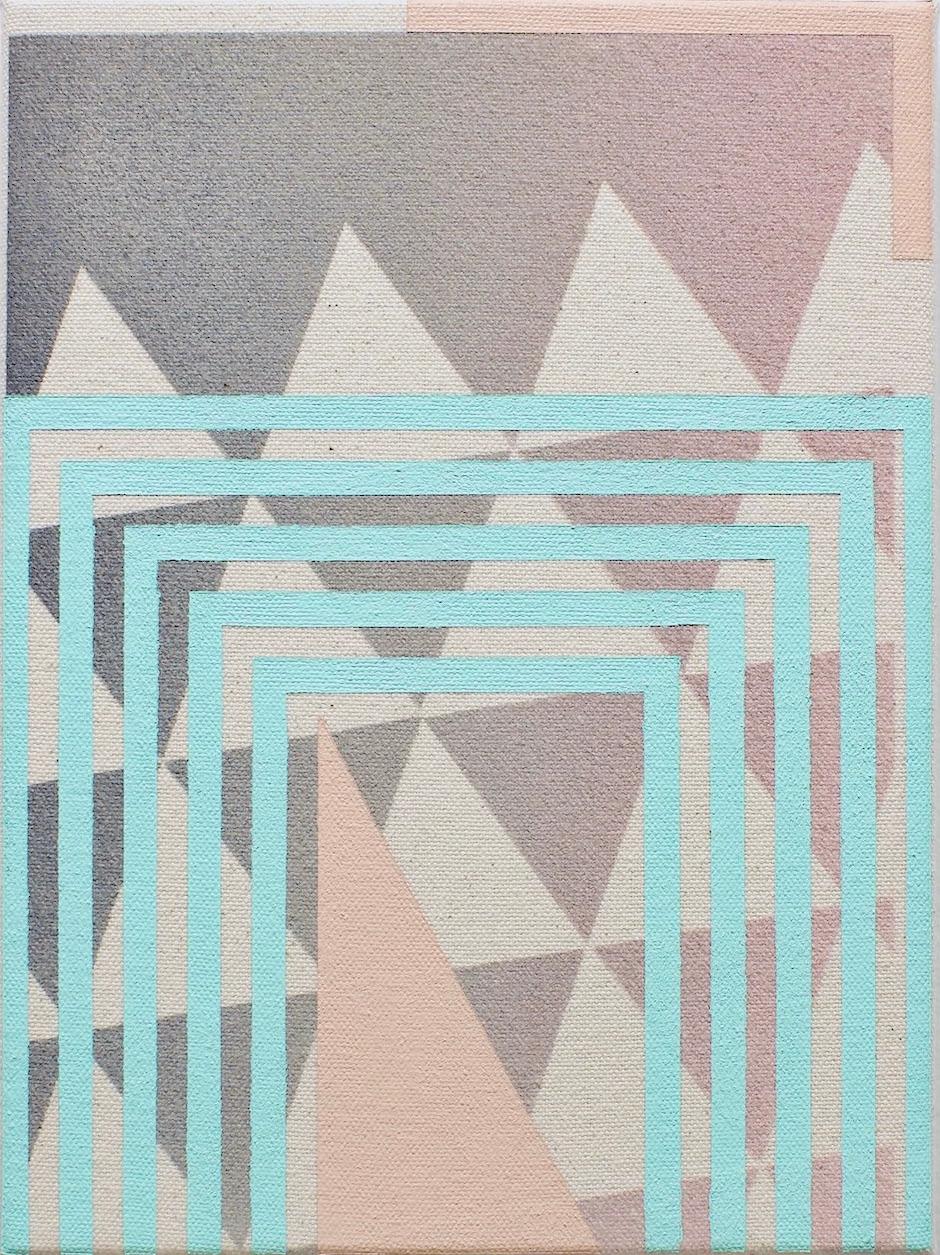 REALIZATION OF TRUTH  Abstraktes geometrisches Gemlde auf Leinwand in Rosa, Blau und Grau  – Painting von Alex McClurg