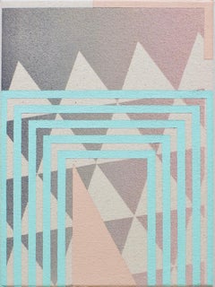 REALIZACIÓN DE LA VERDAD - Pintura abstracta geométrica, rosa, azul y gris sobre lienzo