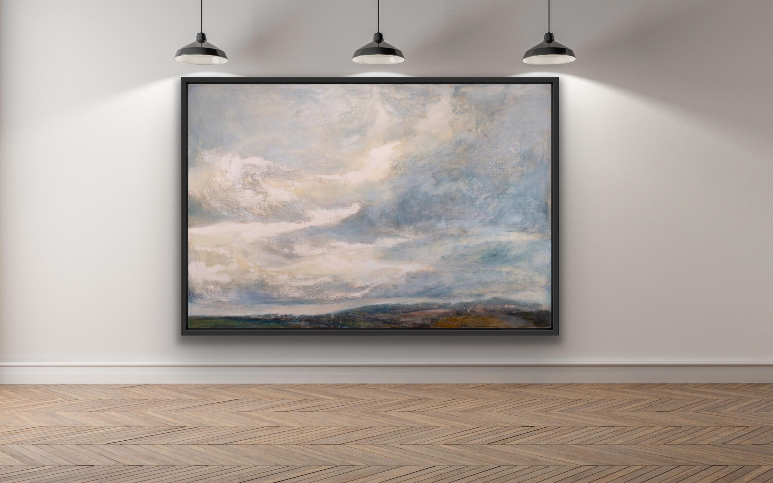 Created in early 2020, this painting captures the bleached wild skies of late winter, whilst the earth is beginning to think about spring. The painting feels like a breath of fresh air, of wind and soft colours. The painted surface is both engraved