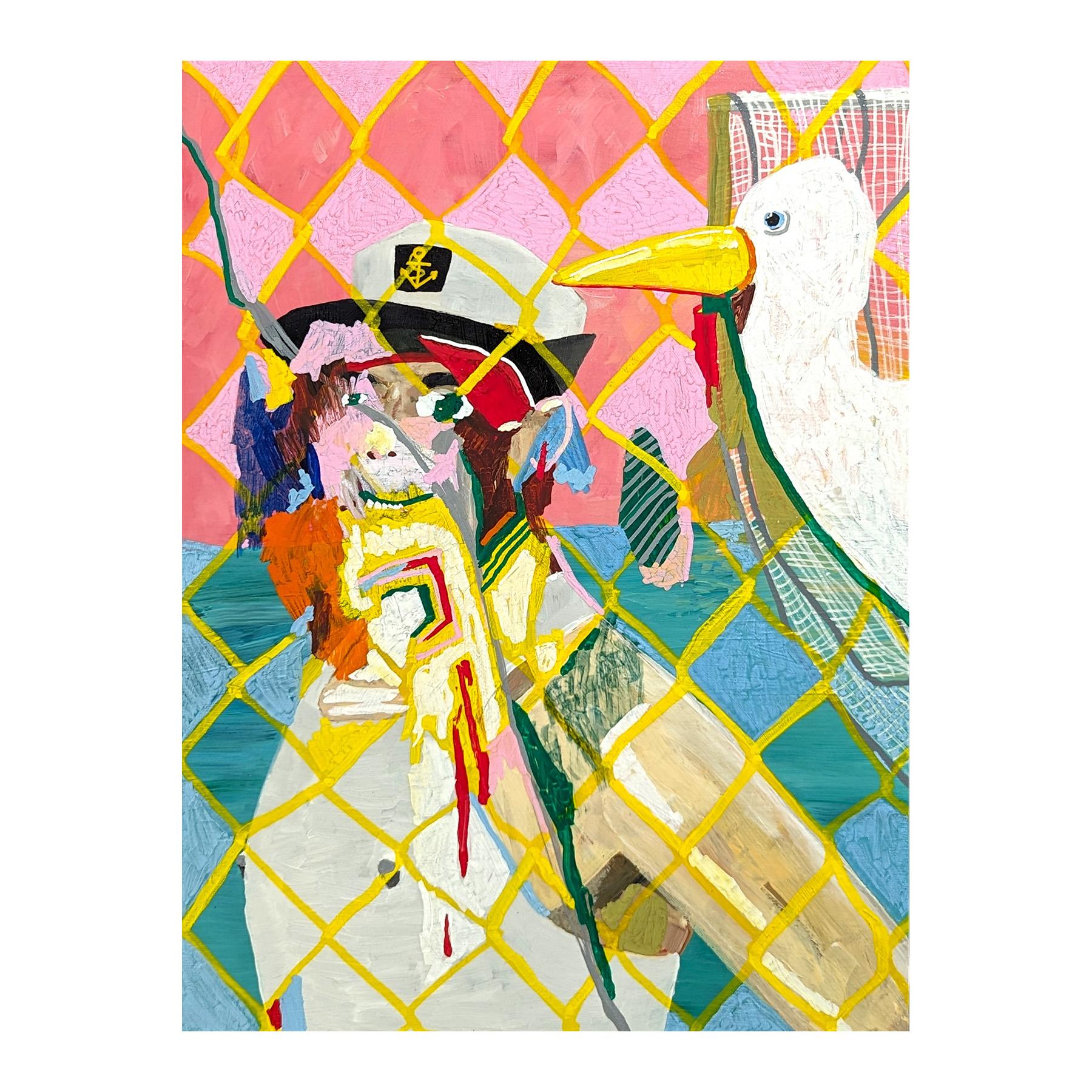 Colorful surrealistic painting by Memphis-based contemporary artist Alex Paulus. The work features a distorted figure in a captain hat set next to a white sea bird. The yellow diamond pattern across the work gives the illusion that the scene is