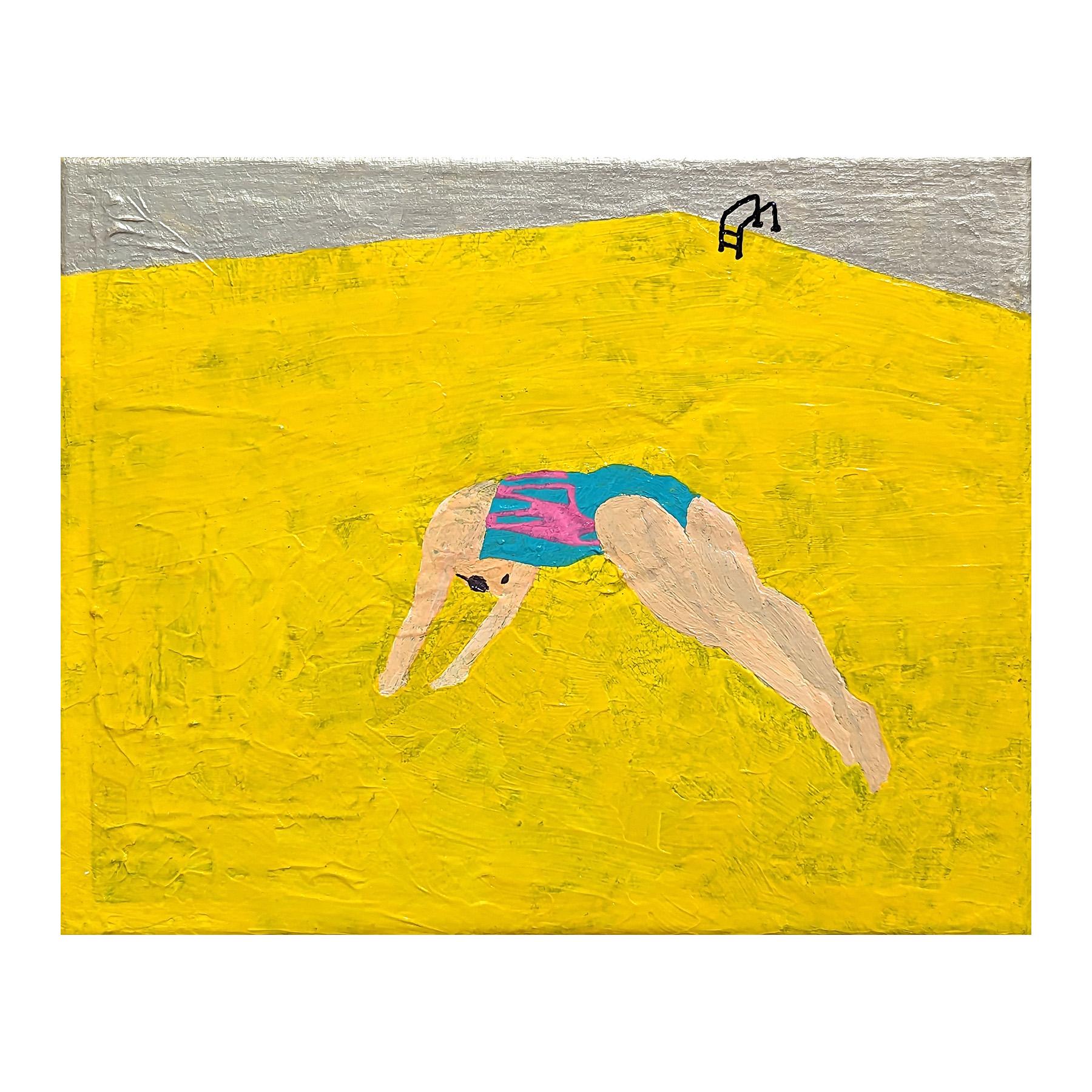 Colorful dark humor painting by Memphis-based contemporary artist Alex Paulus. The work features a swimmer dressed in a blue and pink suit and goggles getting ready to dive into a yellow pool. The scene is set against a metallic silver background.