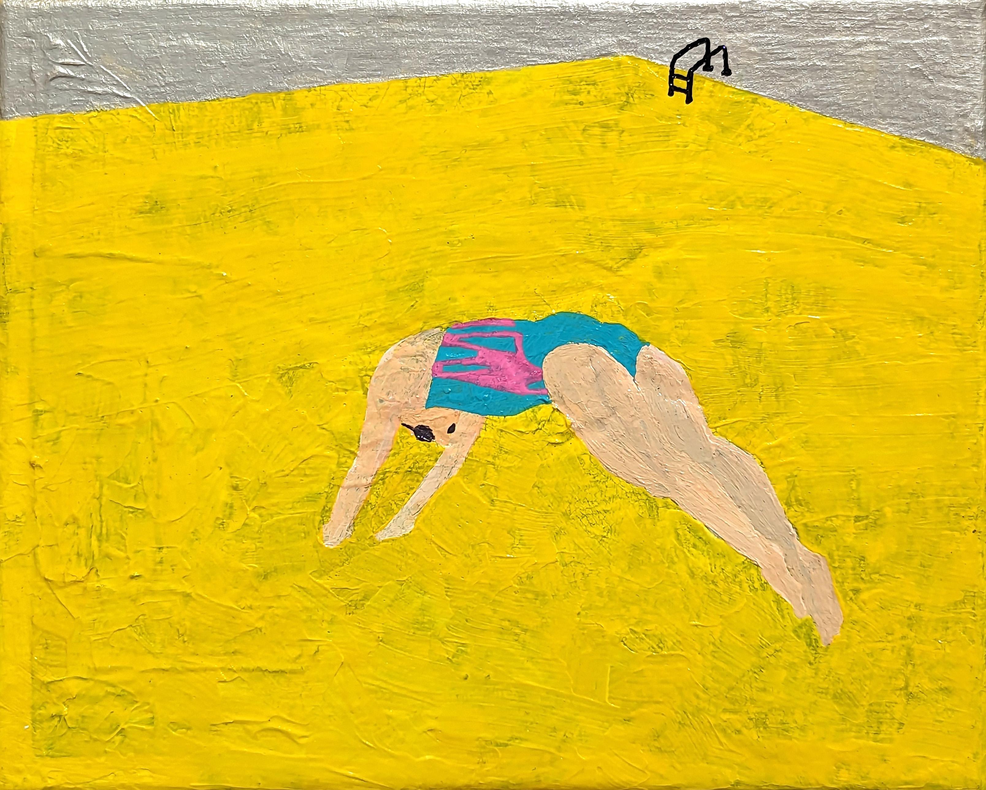 Alex Paulus Figurative Painting - “Diving into a pool of hot piss” Colorful Contemporary Dark Humor Painting