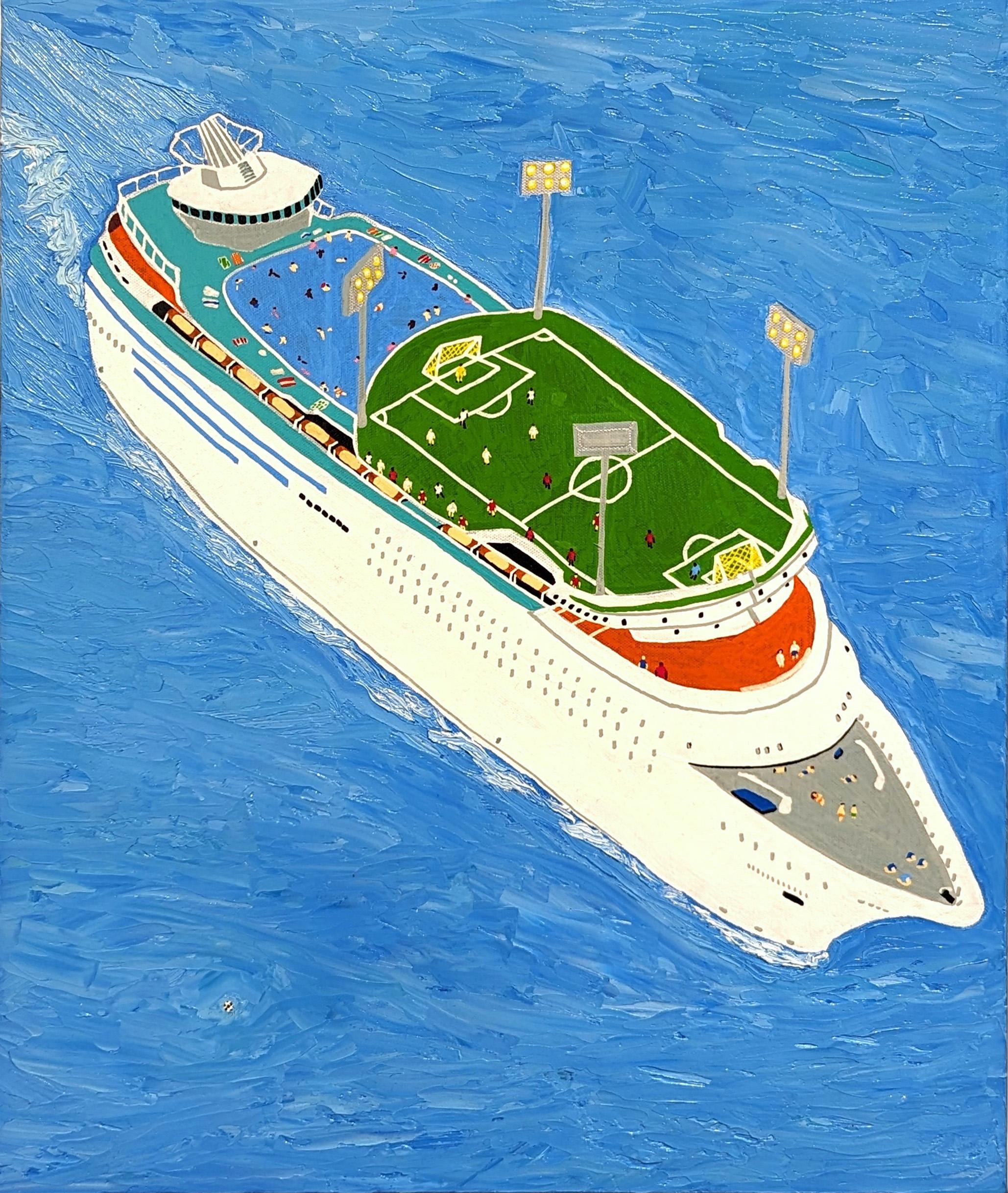 Colorful humorous painting by Memphis-based contemporary artist Alex Paulus. The work features a cruise ship with many small figures participating in a variety of activities including swimming, soccer, and sunbathing. The title, "I guess that's the