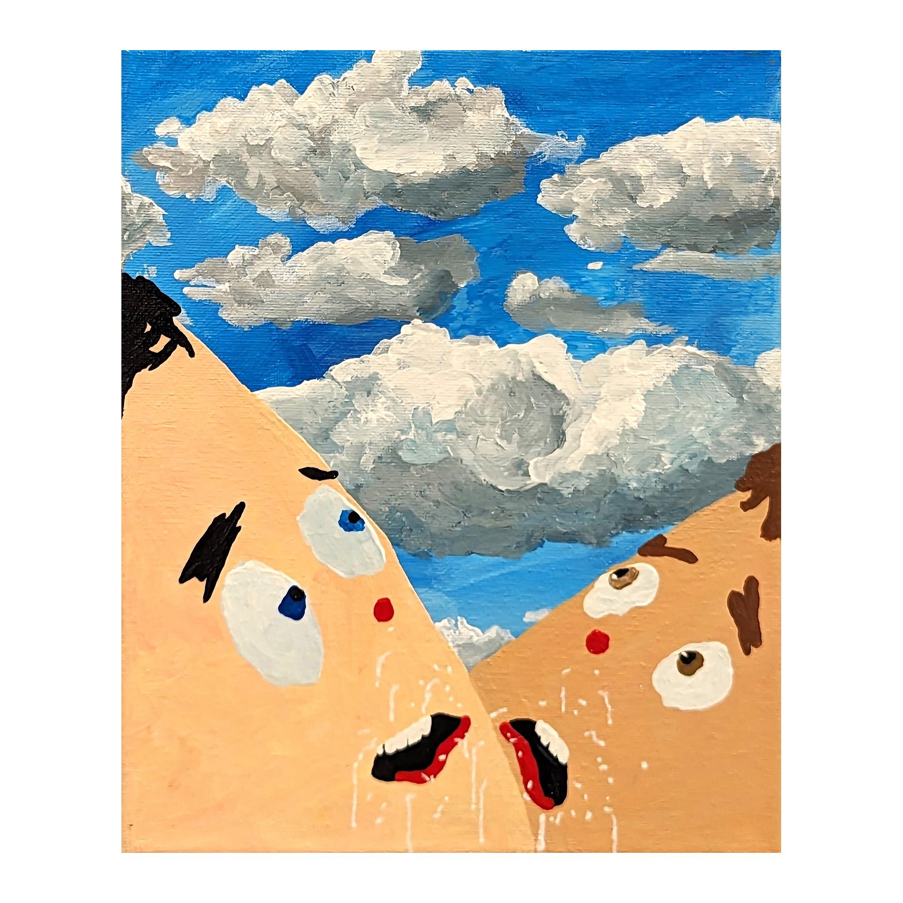 Colorful dark humor painting by Memphis-based contemporary artist Alex Paulus. The work features two cartoonish figures looking up at the bright blue sky with their eyes wide and mouths covered in white drips. Currently unframed, but options are