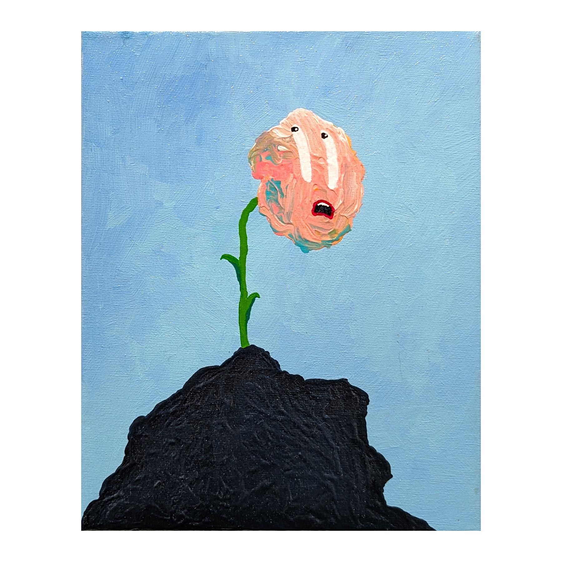 Colorful dark humor painting by Memphis-based contemporary artist Alex Paulus. The work features a central figurative plant creature looking up into the bright blue sky with a mixture of awe and dread. Currently unframed, but options are