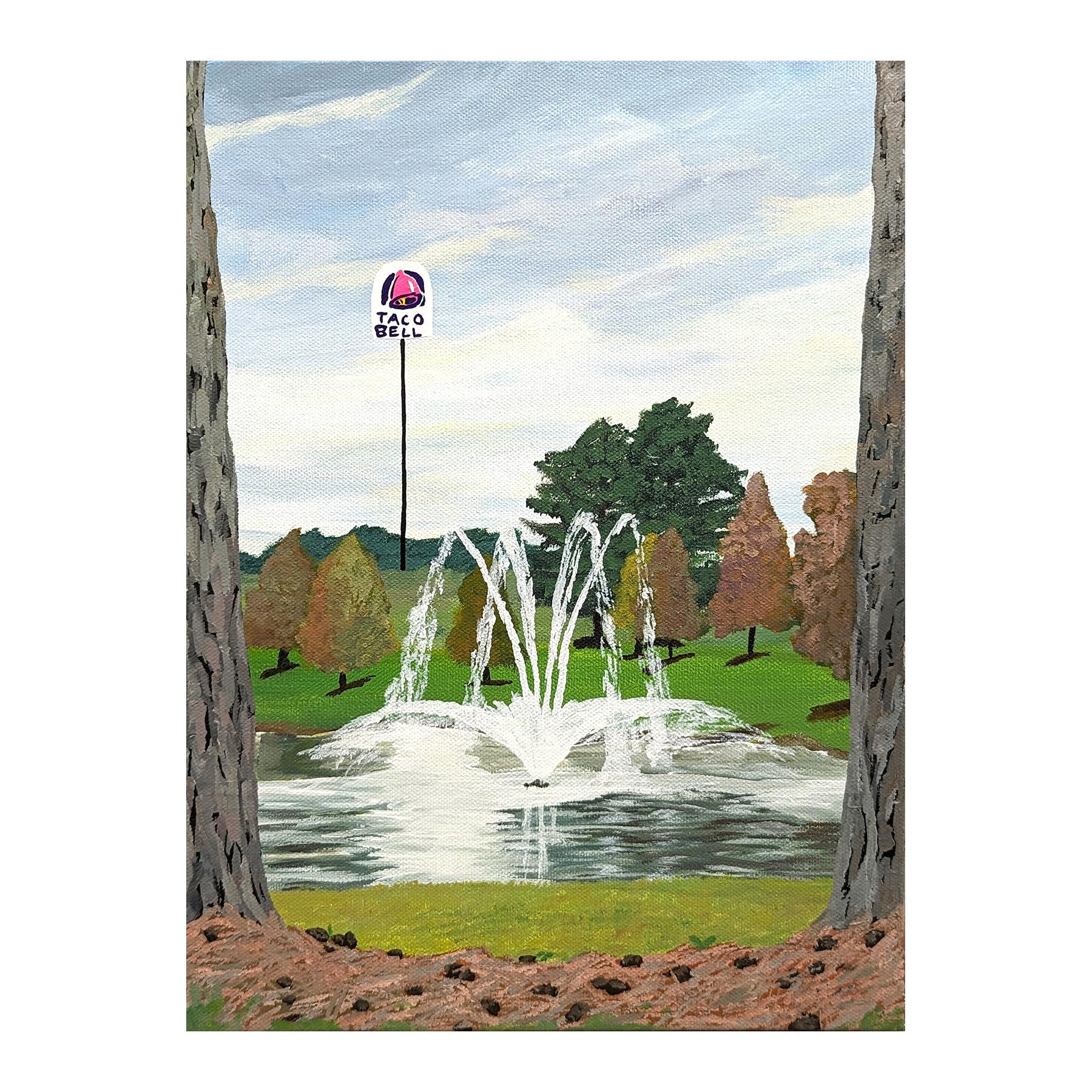 Colorful comedic painting by Memphis-based contemporary artist Alex Paulus. The work features a beautiful fountain in a sprawling park juxtaposed against a 