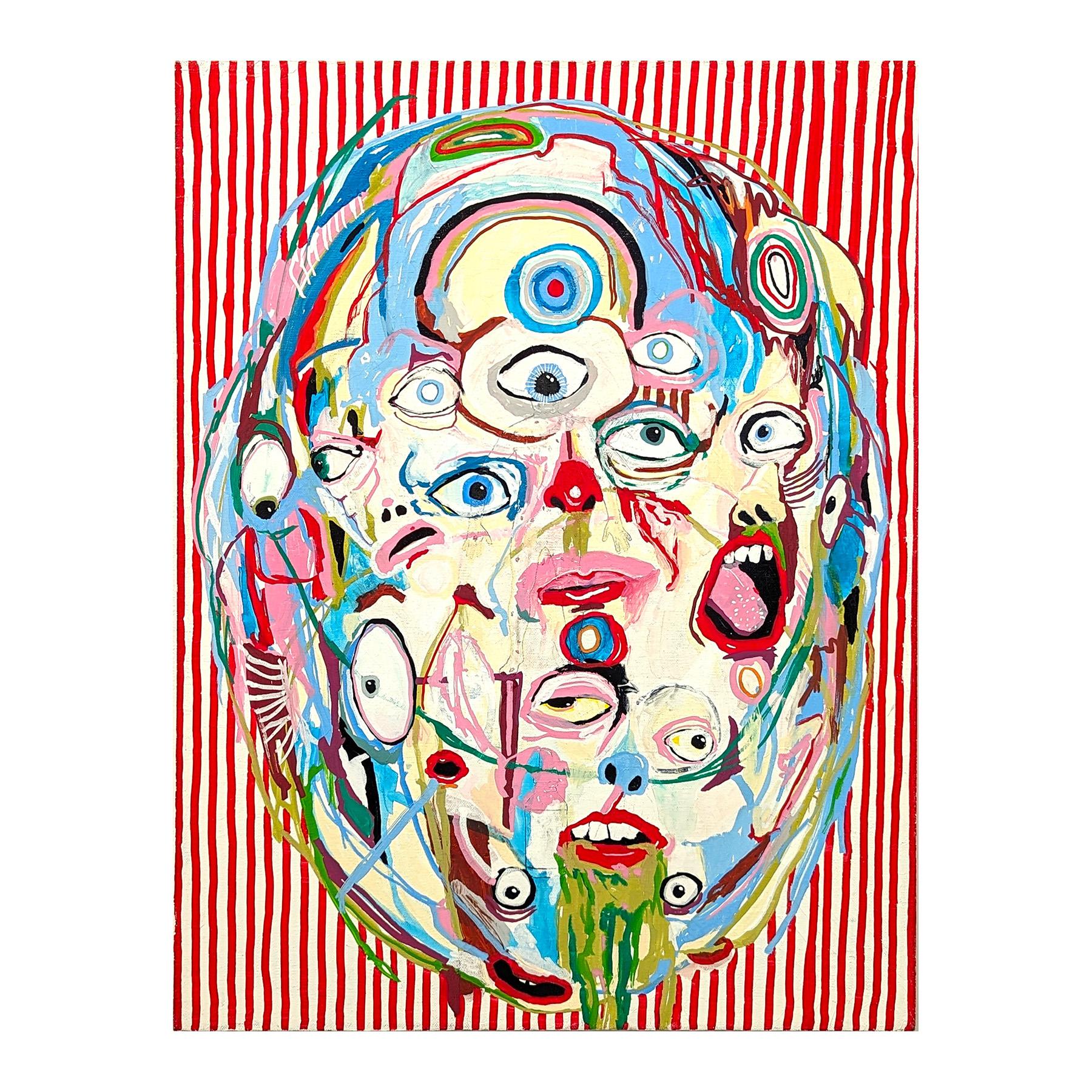 Colorful surrealist painting by Memphis-based contemporary artist Alex Paulus. The work features a central, homunculus-like creature with many eyes and mouths set against a red and white striped background. Currently unframed, but options are
