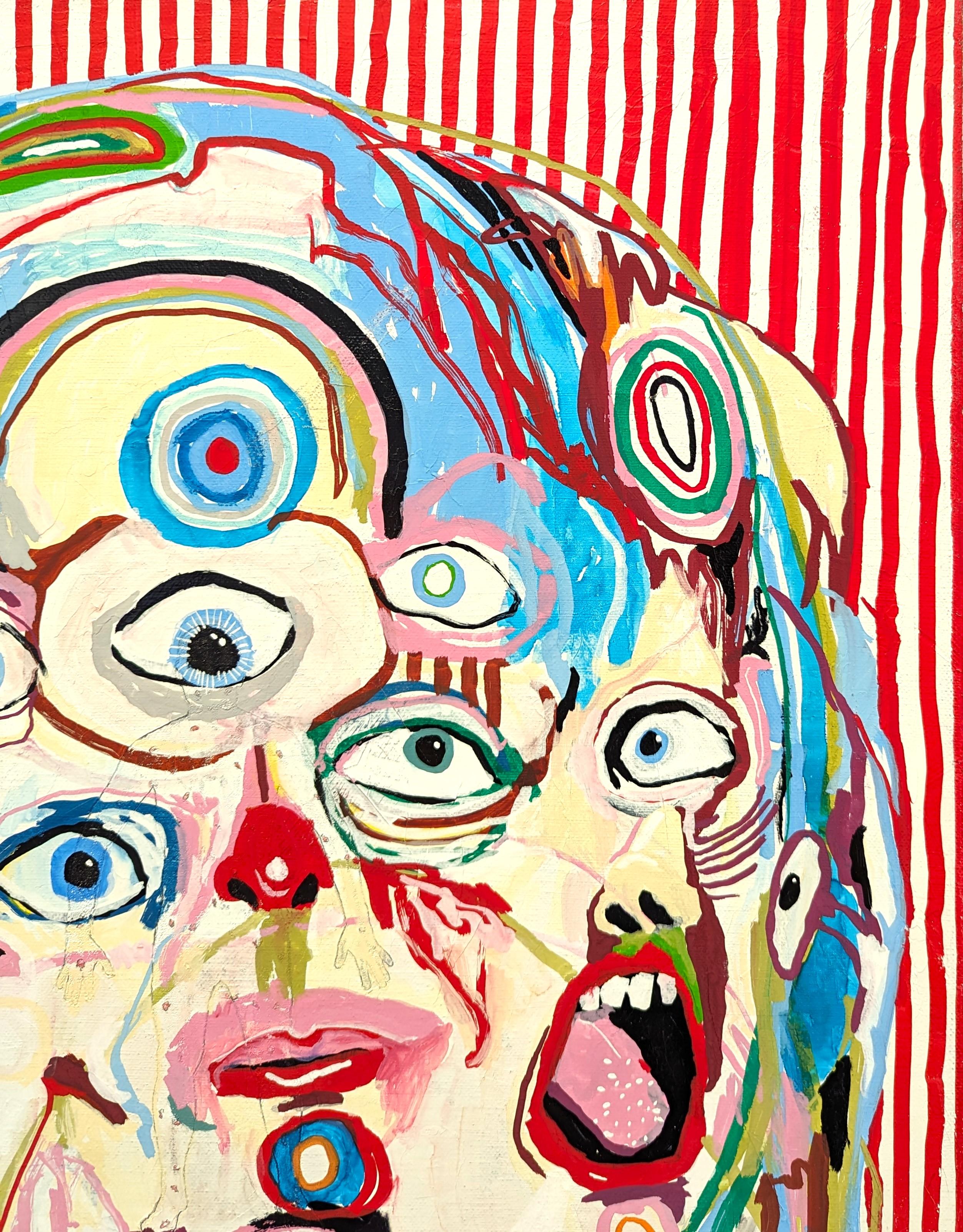 Farbenfrohe surrealistische Malerei des in Memphis lebenden zeitgenössischen Künstlers Alex Paulus. Das Werk zeigt eine zentrale, homunkulusähnliche Kreatur mit vielen Augen und Mündern vor einem rot-weiß gestreiften Hintergrund. Derzeit ungerahmt,