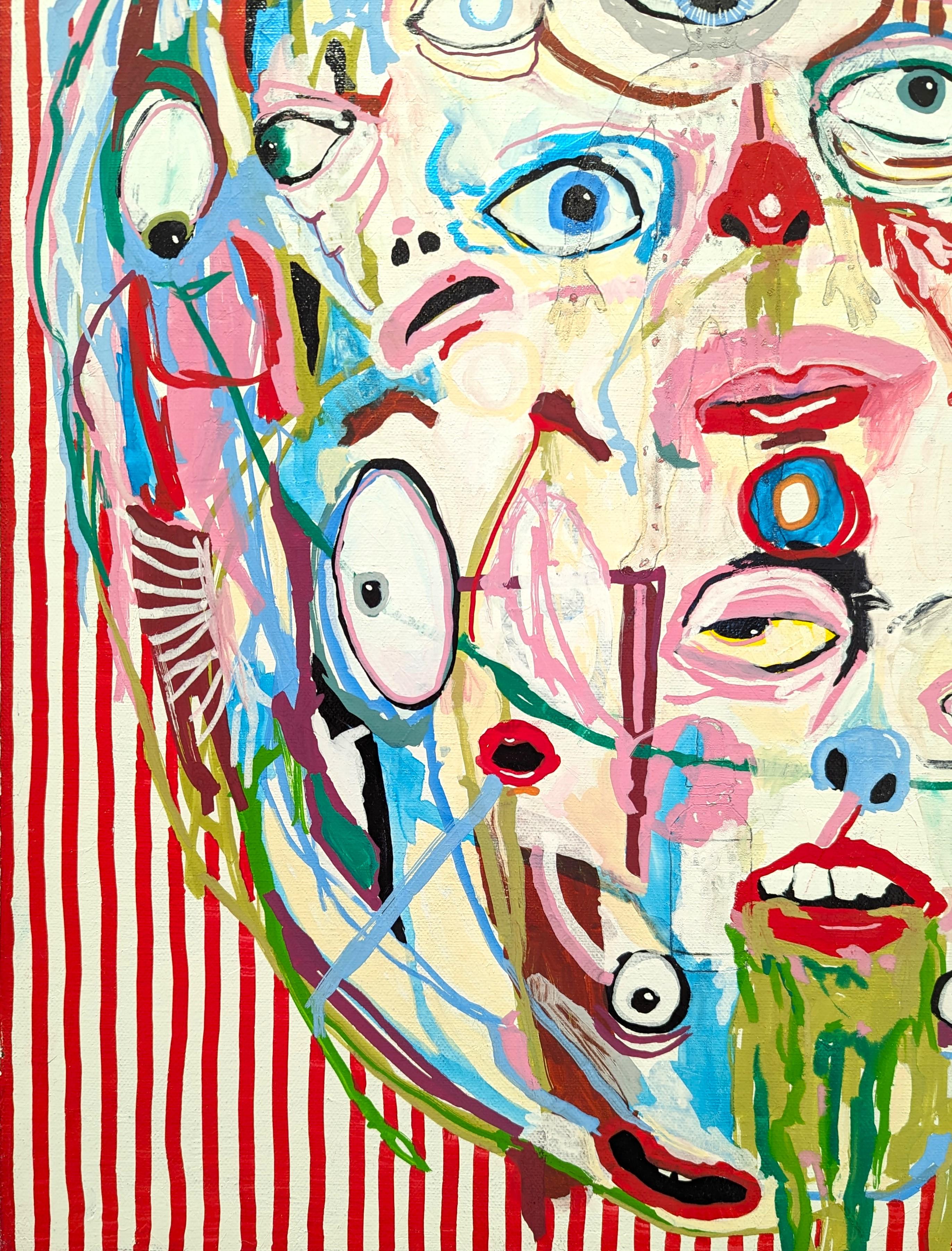 Colorato dipinto surrealista dell'artista contemporaneo di Memphis Alex Paulus. L'opera presenta una creatura centrale simile a un omuncolo con molti occhi e bocche su uno sfondo a strisce bianche e rosse. Attualmente non è incorniciato, ma sono