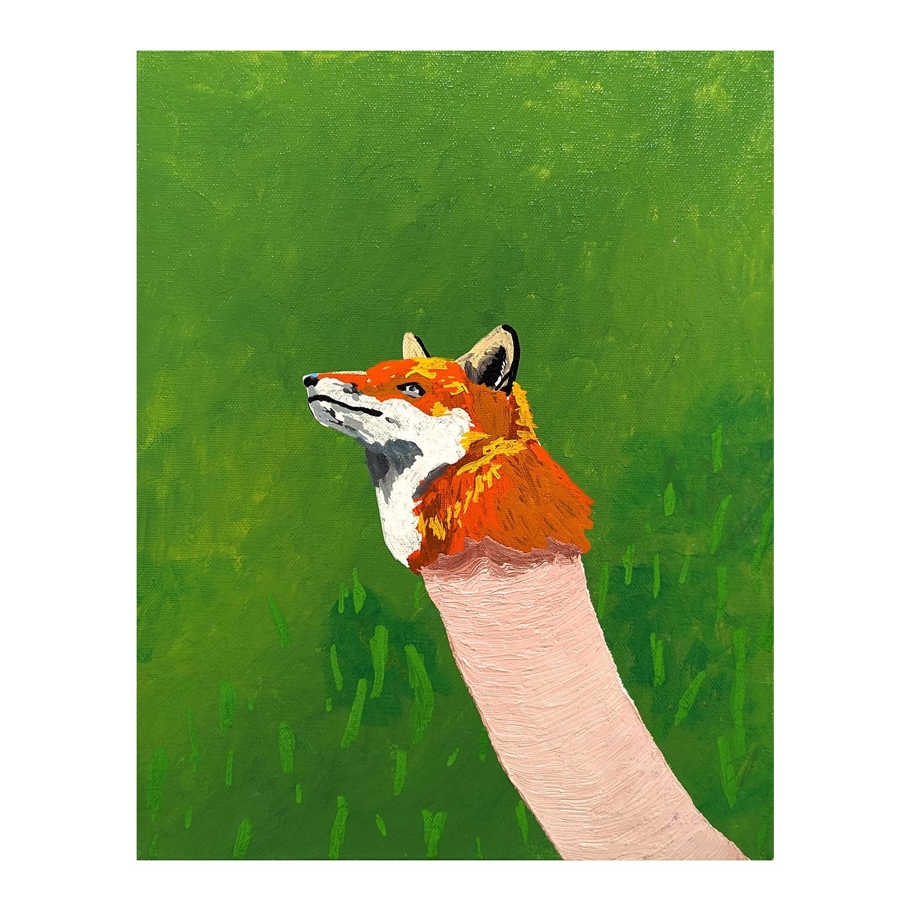 Colorful dark humor painting by Memphis-based contemporary artist Alex Paulus. The work features naturalistically depicted fox head on the end of a worm-like creature set against a background of green grass. Currently unframed, but options are