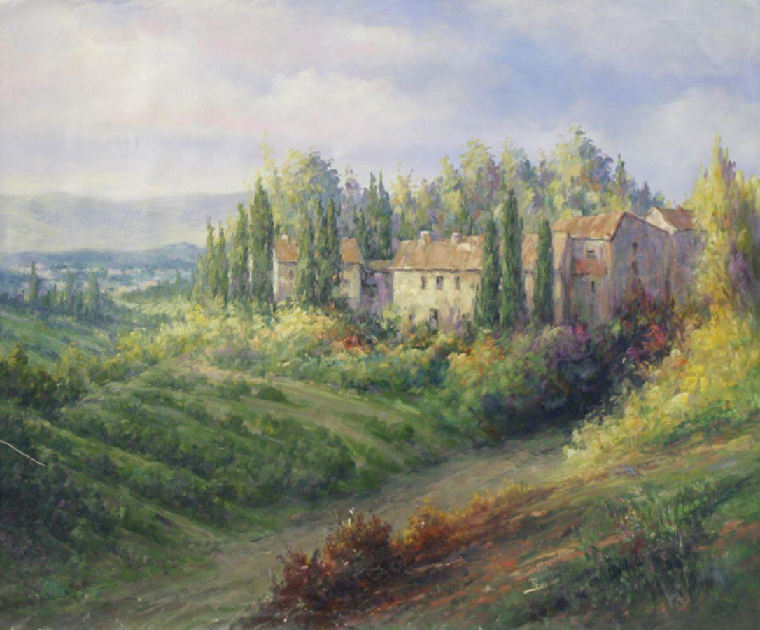 Landscape Painting de Alex Perez - Luces de la tarde en la Toscana-Oleo original sobre lienzo sin estirar, Firmado