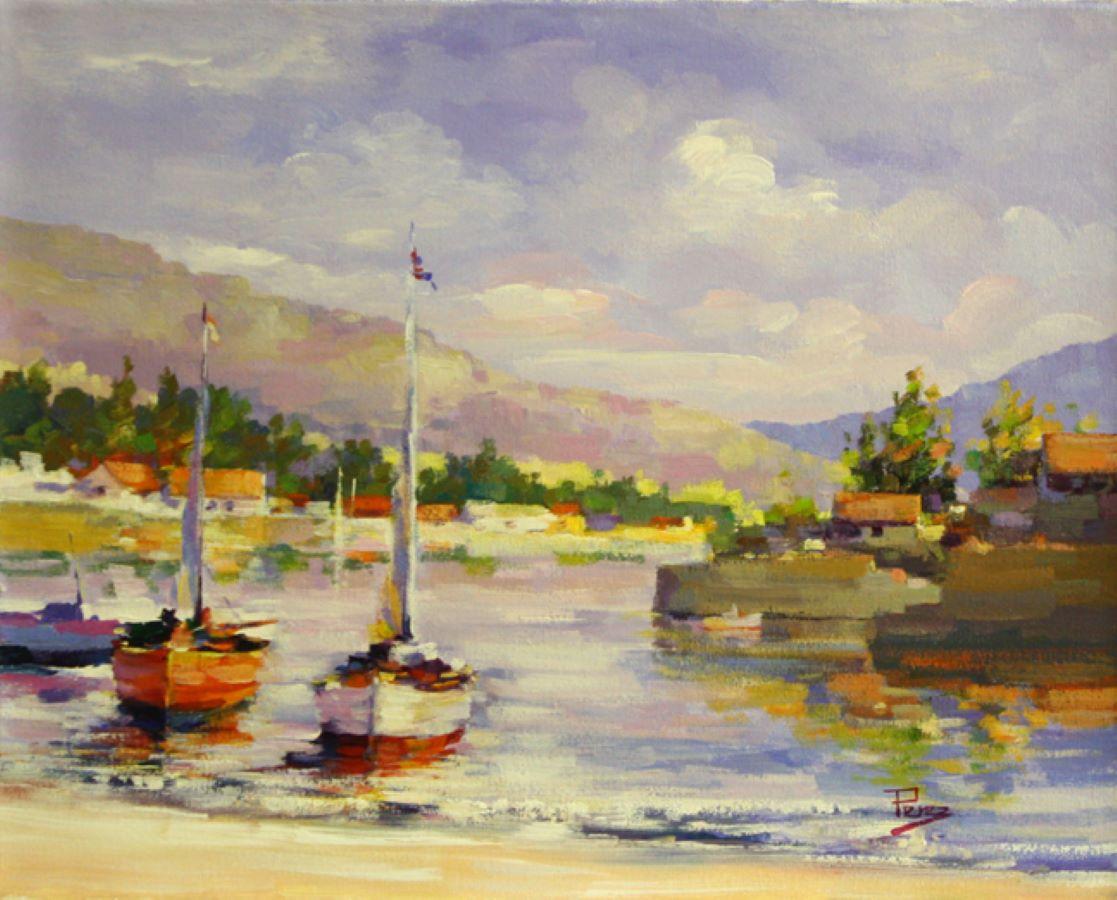 Alex Perez Landscape Painting - Bay Shore-Oil on Unstretched Canvas, Signed by Artist