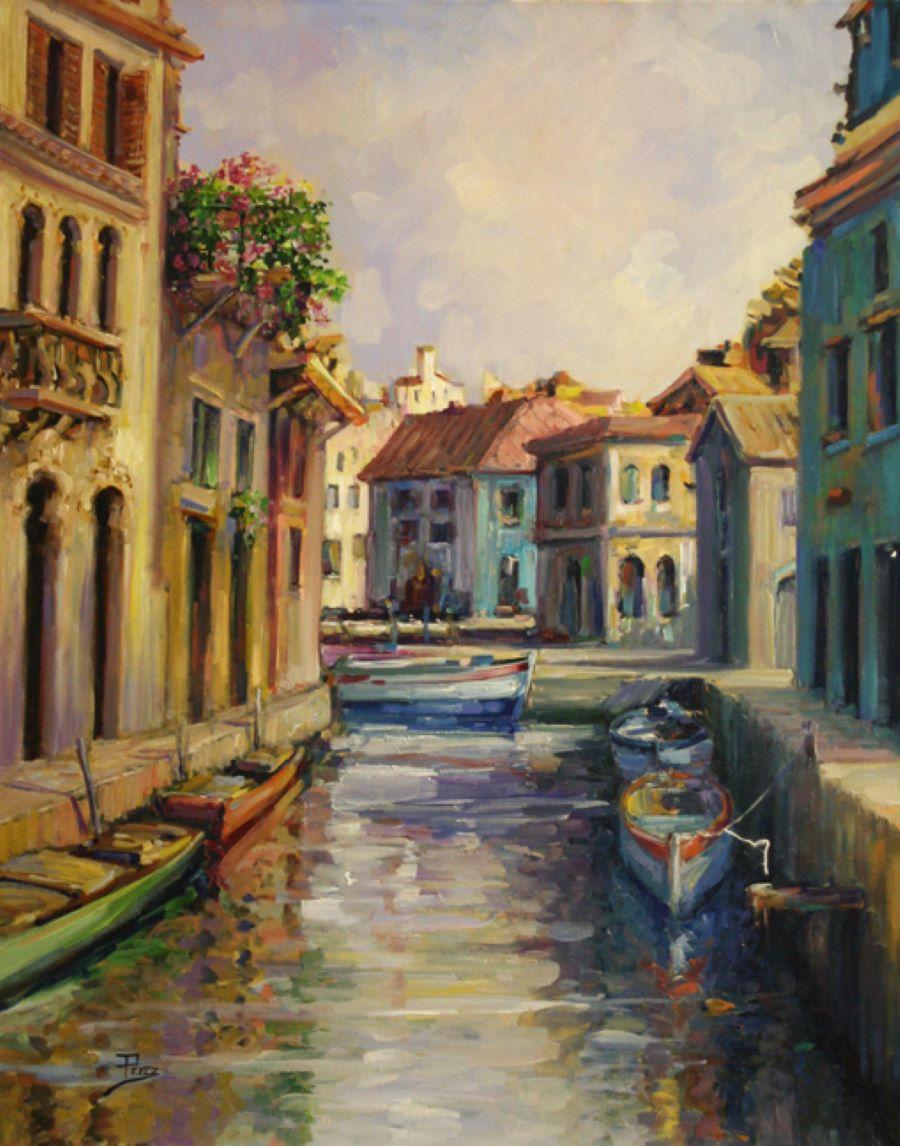 Alex Perez Landscape Painting - Canal in Burano-Oil on Unstretched Canvas, Signed