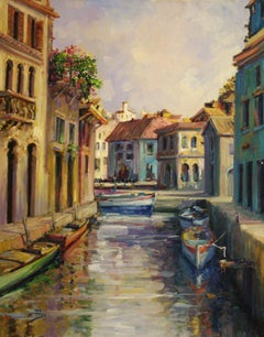 Canal in Burano-Oil on Unstretched Canvas, Signed