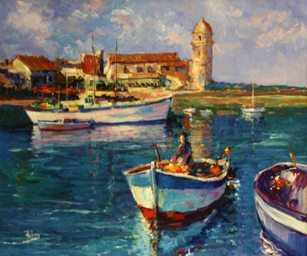 Alex Perez Landscape Painting - Collioure Boats (France)-Acrylic on Unstretched Canvas. Signed, comes with COA