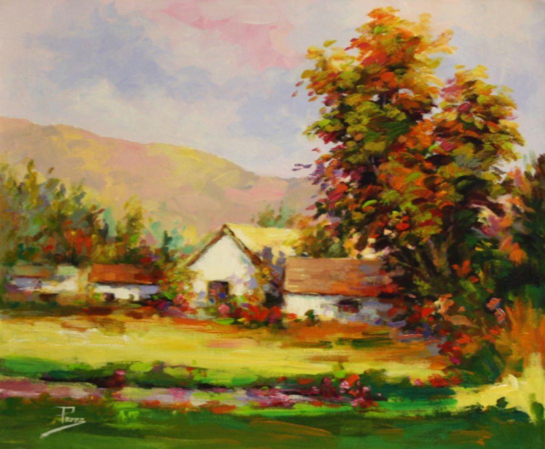 Alex Perez Landscape Painting - In the Meadow-Oil on Unstretched Canvas, Signed 