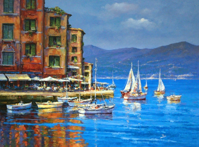 Alex Perez - “Italian Harbor” Signed and Framed Original Oil Painting