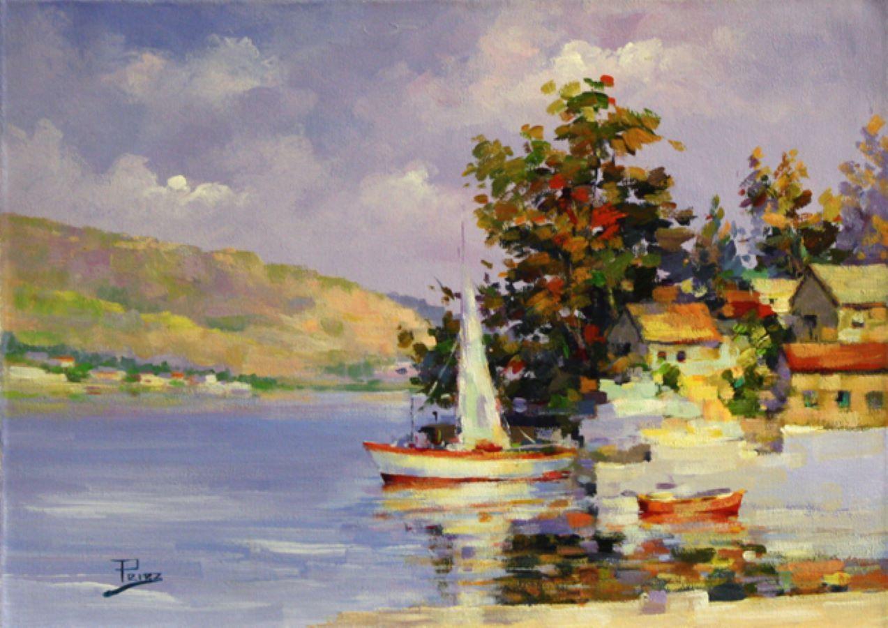 Alex Perez Landscape Painting - Midday Sailing-Acrylic on Unstretched Canvas. Signed, comes with COA