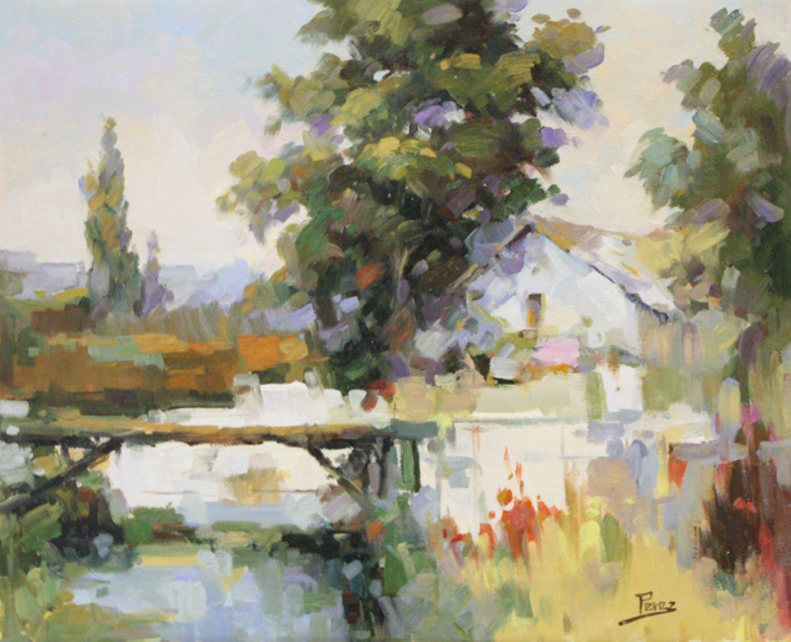 Landscape Painting di Alex Perez - Ponte di legno in Provenza - Olio su tela. Firmato, viene fornito con COA
