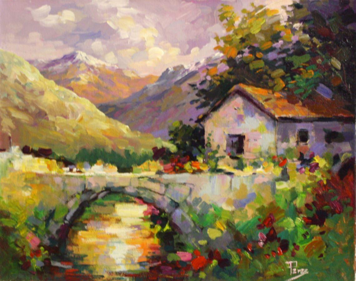Landscape Painting di Alex Perez - Rainbow Colour's Bridge-Olio su tela non tesa, firmato dall'artista