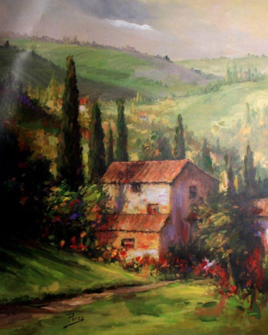 Landscape Painting de Alex Perez - Villa rural de Siena-Edición limitada Giclée sobre lienzo. Firmado, viene con COA