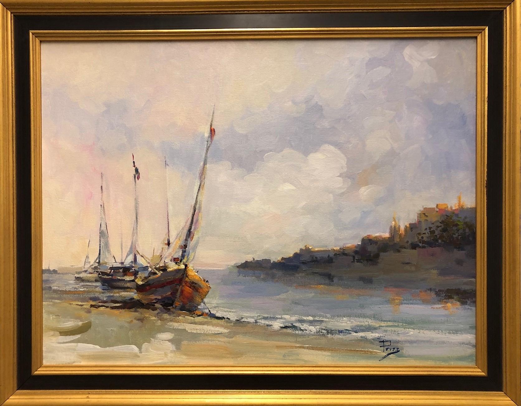 Alex Perez Landscape Painting - "Soft Light Boats" Framed-Original Oil on Canvas, Signed by Artist