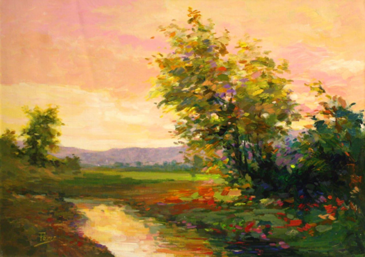 Alex Perez Landscape Painting - Sunrise Pond-Oil on Unstretched Canvas, Signed by Artist