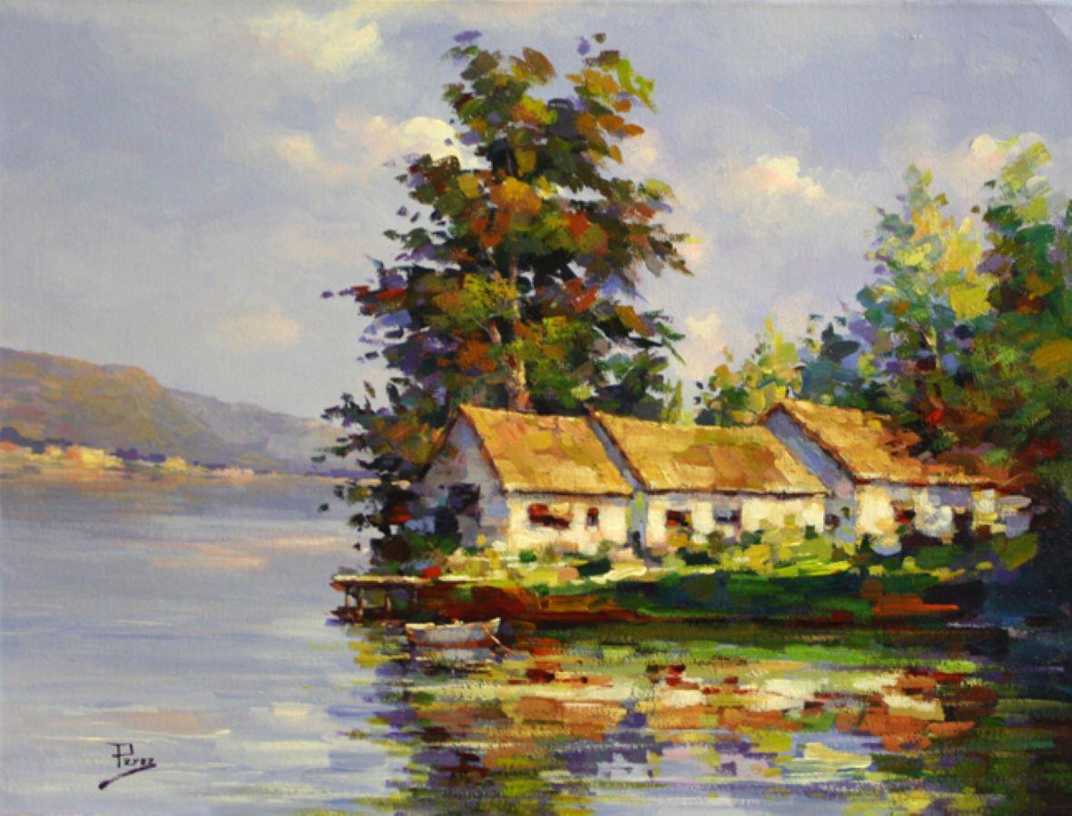 Landscape Painting di Alex Perez - Three House's Lake-Olio su tela non tesa, firmato dall'artista
