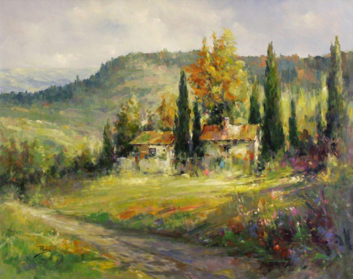 Alex Perez Landscape Painting - Tuscane Afternoon-Oil on Unstretched Canvas, Signed