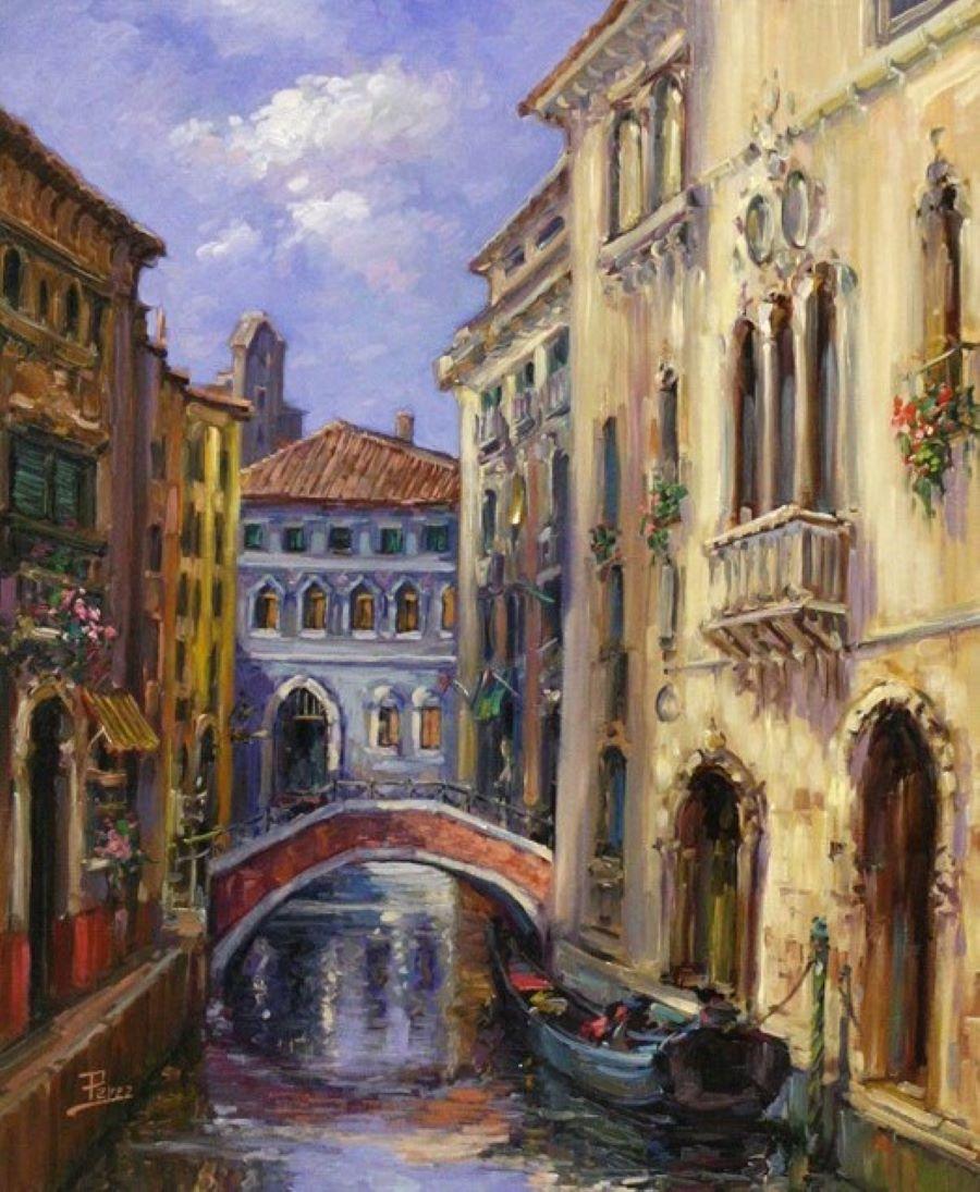 Alex Perez Landscape Painting - Venetian Bridge-Oil on Canvas, Signed by Artist