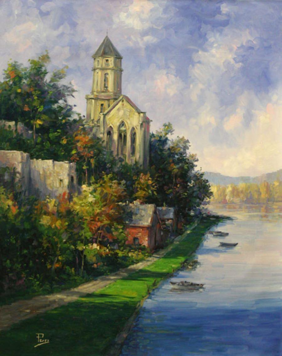 Landscape Painting di Alex Perez - Veduta di Saint Florent, Francia-Olio su tela non tesa. Firmato, viene fornito con COA