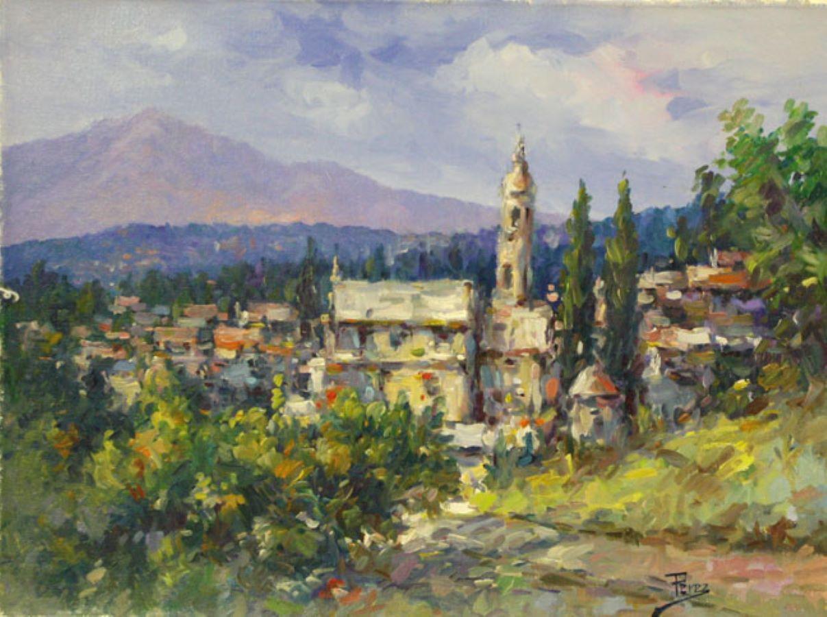 Landscape Painting di Alex Perez - Vista di Venaco-Olio su tela non tesa. Firmato, viene fornito con COA