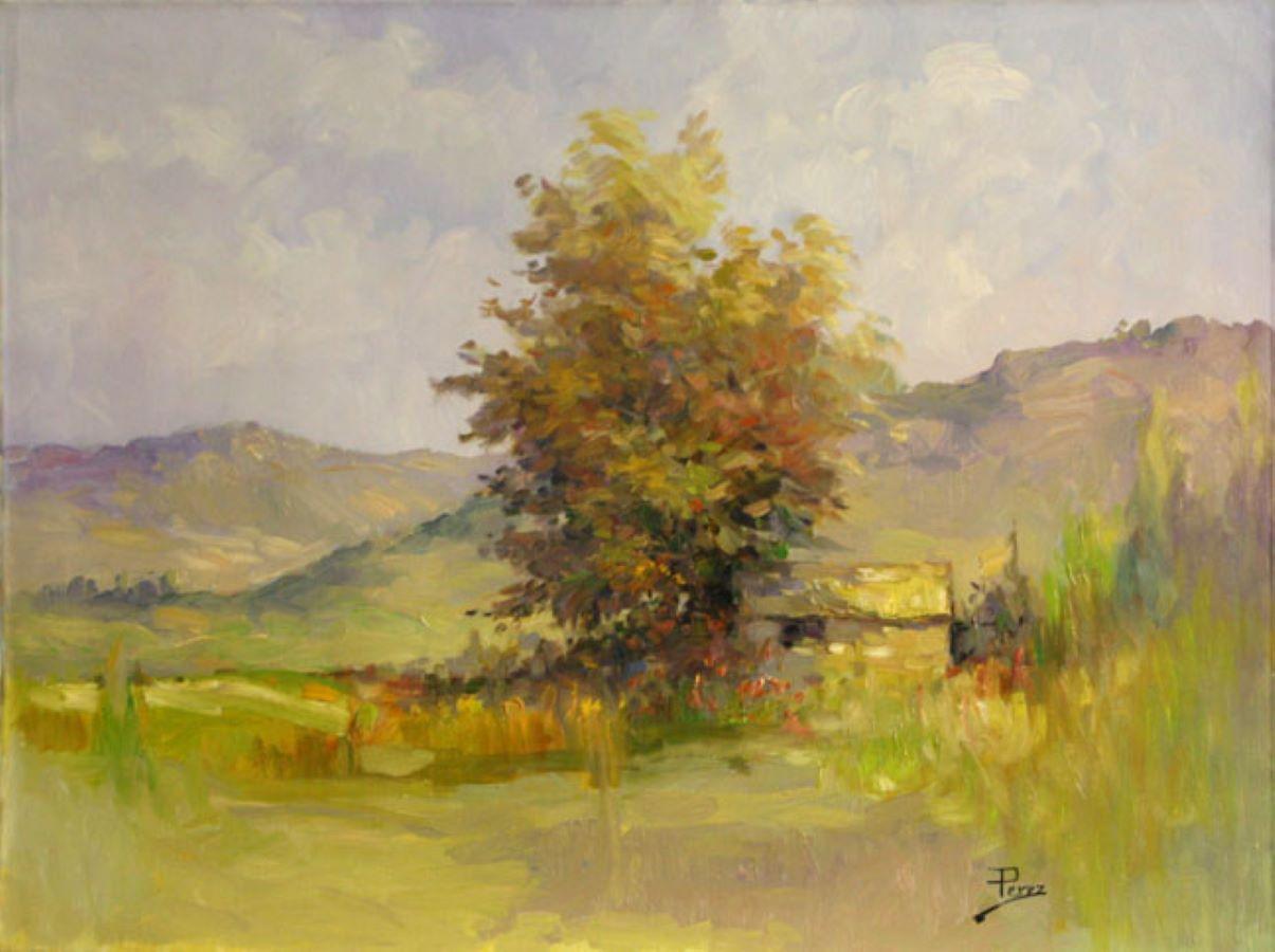 Alex Perez Landscape Painting - Walking on Hills-Oil on Unstretched Canvas, Signed by Artist