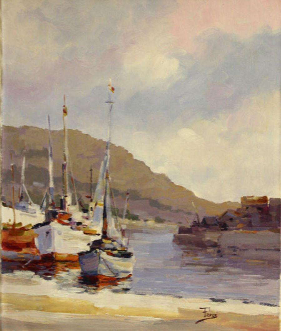 Alex Perez Landscape Painting - White Boats Pier-Acrylic on Unstretched Canvas. Signed, comes with COA