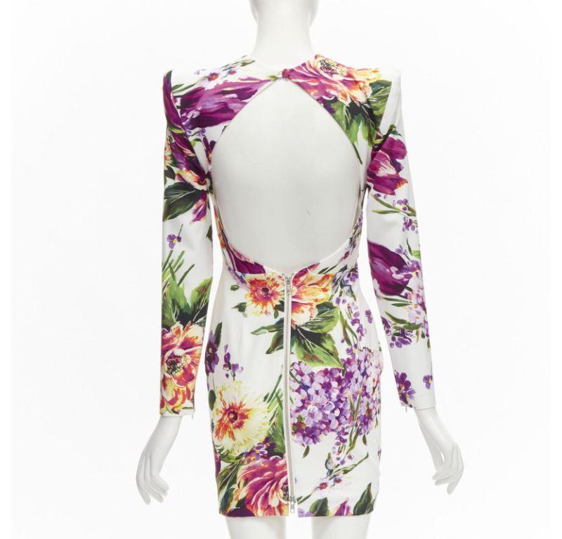 Beige ALEX PERRY Anais white purple floral print open back wrap dress UK6 XS For Sale