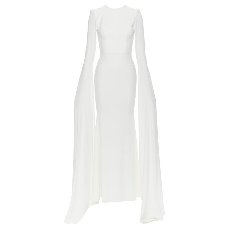 ALEX PERRY Courtney white satin crepe long sleeve cape evening dress ...
