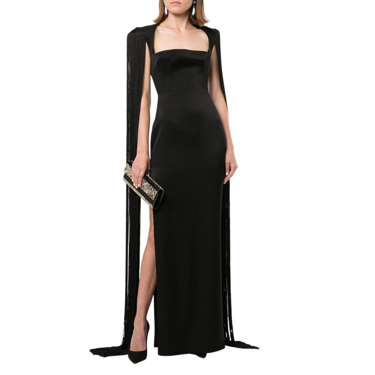 Dallas fringed-sleeve gown
Black Dallas fringed-sleeve gown from Alex Perry featuring structured shoulders, fringe details, a square neck, darts to the chest, an invisible back zip fastening, a side slit and a long length.
Polyester 54%, Triacetate