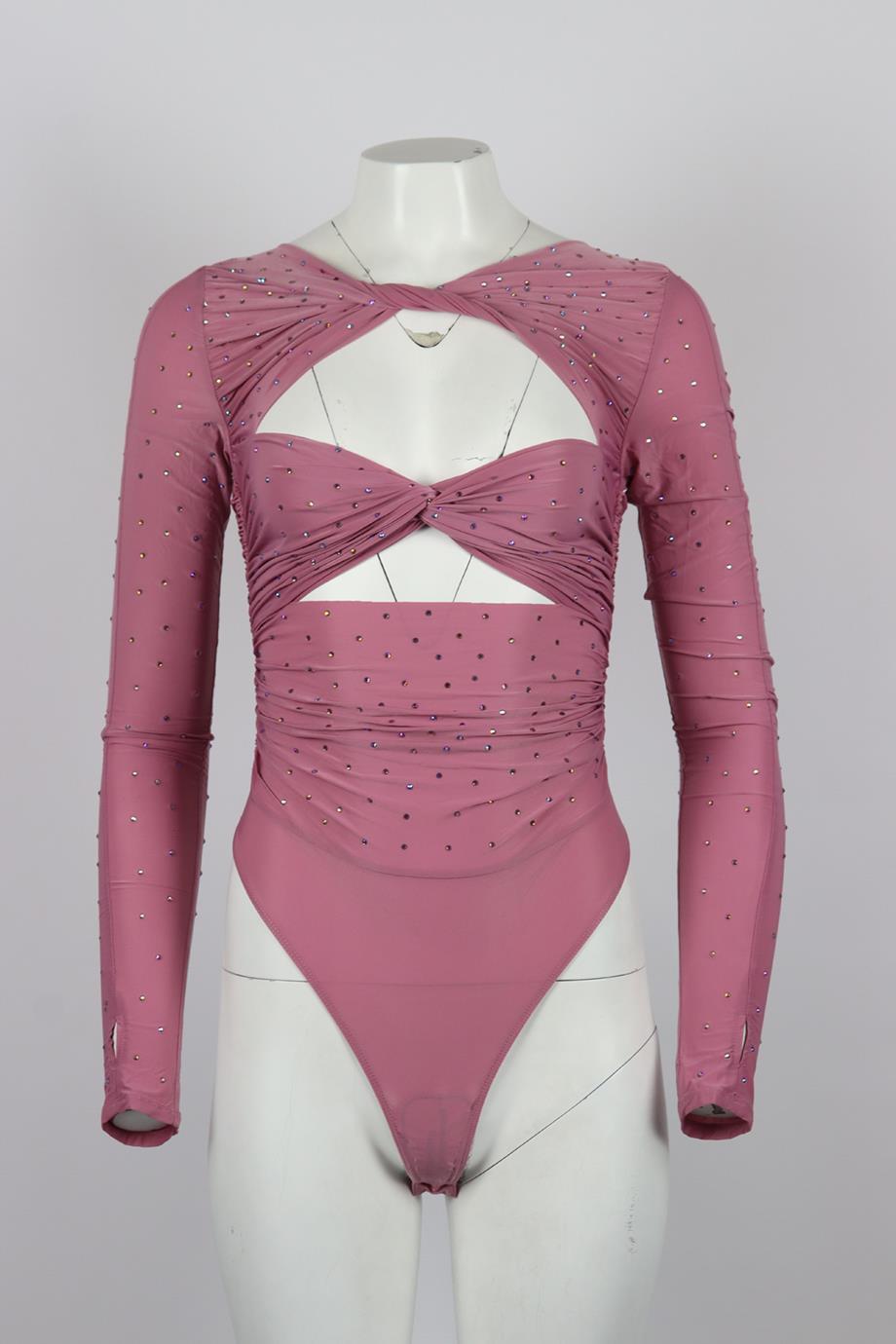 Alex Perry embellished cutout stretch jersey bodysuit. Pink. Long sleeve, crewneck. Zip fastening at back. 87% Nylon, 13% elastane. Size: UK 6 (US 2, FR 34, IT 38). Bust: 20.3 in. Waist: 18 in. Hips: 21.2 in. Length: 24.2 in. New with tags