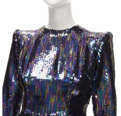 ALEX PERRY Iris petrol blue sequins shoulder padder draped mini dress UK6 S