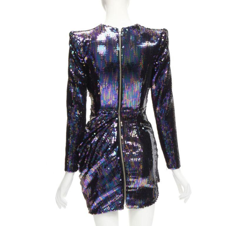 ALEX PERRY Iris petrol blue sequins shoulder padder draped mini dress UK6 S In Excellent Condition For Sale In Hong Kong, NT