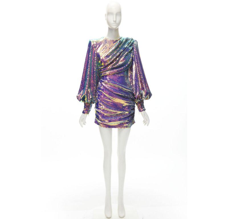 ALEX PERRY Jackson iridescent sequins puff sleeve wrap mini dress UK6 XS 6